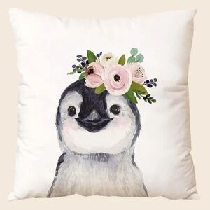 Penguin Pillow Cover 18”x18” Soft Watercolor Pink Flowers Kids Nursery NWT